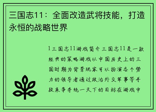 三国志11：全面改造武将技能，打造永恒的战略世界